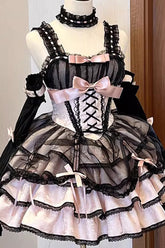 Schwarz/Rosa ärmelloses mehrlagiges Rüschen-Schleifen-Schnür-Gothic-Prinzessin-Lolita-JSK-Kleid